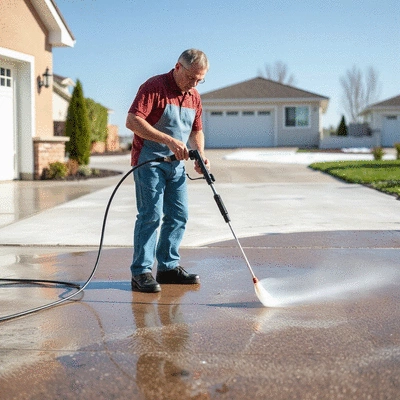 User cleaning driveway with a pressure washer