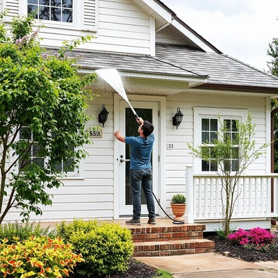 User washing the exterior of a house